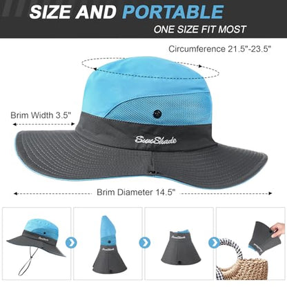 Womens Sun Hat with Ponytail Hole, UV Protection Foldable Beach Fishing Hat - color: Blue & Grey