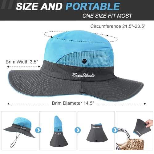 Womens Sun Hat with Ponytail Hole, UV Protection Foldable Beach Fishing Hat - color: Blue & Grey