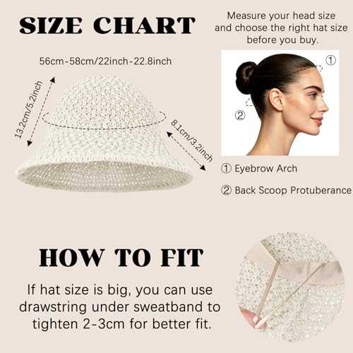 Sun Hat for Women Summer Straw Beach Hats Bucket Hat Floppy Crochet Hat - color: White