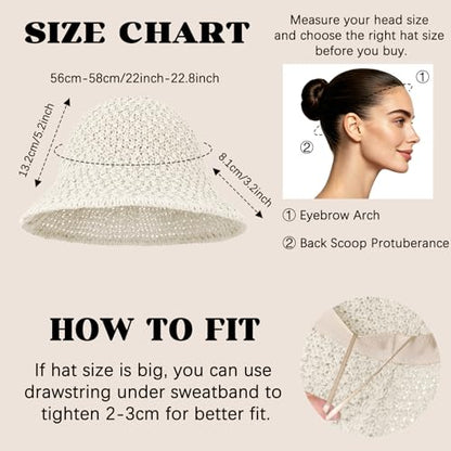 Sun Hat for Women Summer Straw Beach Hats Bucket Hat Floppy Crochet Hat - color: White