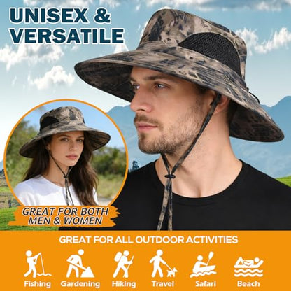 Wide Brim Sun Bucket Hat, Waterproof Boonie Hat for Men & Women - color: 05 Khaki (Camo)