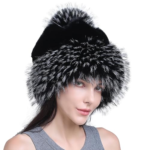 GREUS Winter Faux Fur Cossack Russian Style Hat for Women Fluffy Leopard Pompom Beanie Skull Cap Warm Ushanka Bucket Hat - color: Jet Black