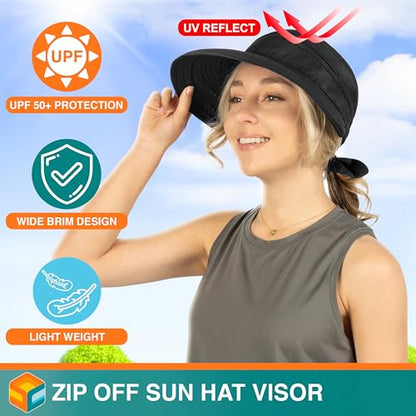 SUN CUBE Womens Sun Hat UV Protection Wide Brim Zip-Off Golf Visor - color: Black