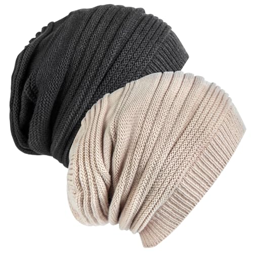 Senker Fashion 2 Pack Winter Beanie Hats for Women, Womens Slouchy Beanies - color: Off White Grey