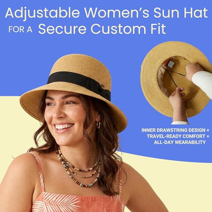 Funky Junque Foldable Wide Brim Straw Sun Hat, Packable Beach Cap - color: Natural