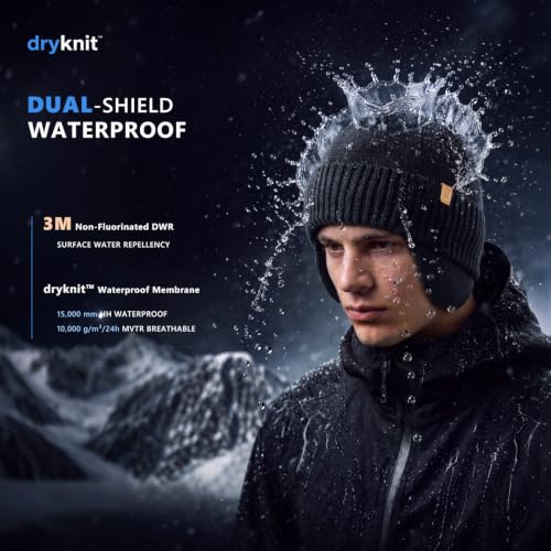 Winter Beanie Hat Ear Flaps Waterproof Merino Wool Fleece Men Women - color: Black, size: Medium-Large
