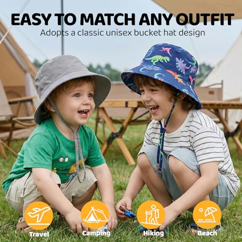 Toddler Bucket Hats UPF 50+ Baby Sun Hat Adjustable Kids Sun Protection Summer Hat Wide Brim Beach Hat for Boys Girls 0-6Y - color: Grey+dinosaur, size: 6-24 Months
