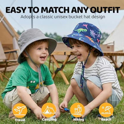 Toddler Bucket Hats UPF 50+ Baby Sun Hat Adjustable Kids Sun Protection Summer Hat Wide Brim Beach Hat for Boys Girls 0-6Y - color: Grey+dinosaur, size: 6-24 Months