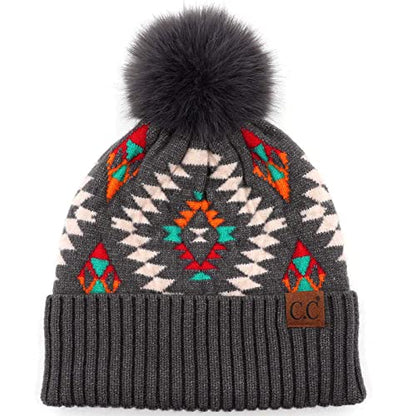 C.C Fur Pom Winter Fall Trendy Chunky Stretchy Cable Knit Beanie Hat - color: Aztec Dk. Gray