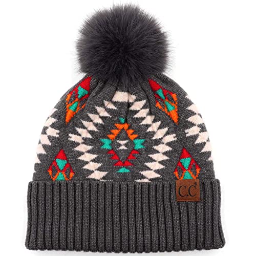 C.C Fur Pom Winter Fall Trendy Chunky Stretchy Cable Knit Beanie Hat - color: Aztec Dk. Gray