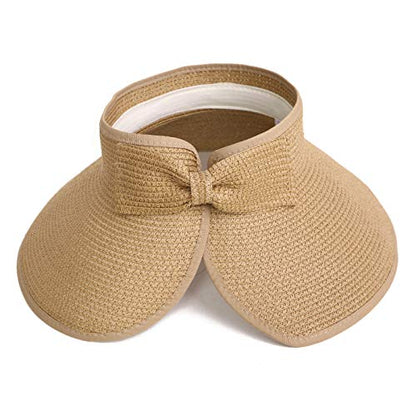 HDE Sun Visor for Women Roll Up Packable Ponytail Beach Sun Hat with Bow - color: Brown