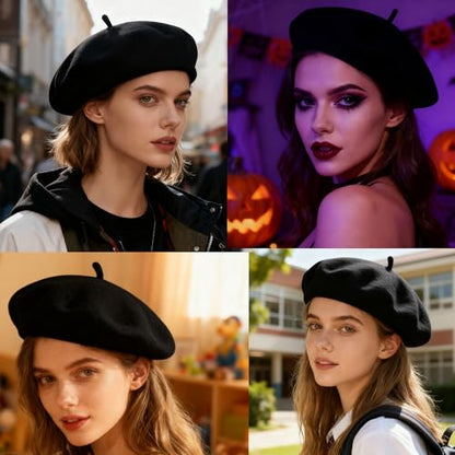 Womens Wool French Beret Chic Solid Beanie Hat Stretchable Classic Beret - color: Solid Black