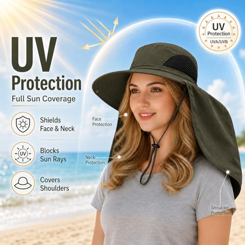 HUAMULAN Women Men Wide Brim Sun Hat Hiking Fishing Hats with Neck Flap - color: Yq005-armygreen