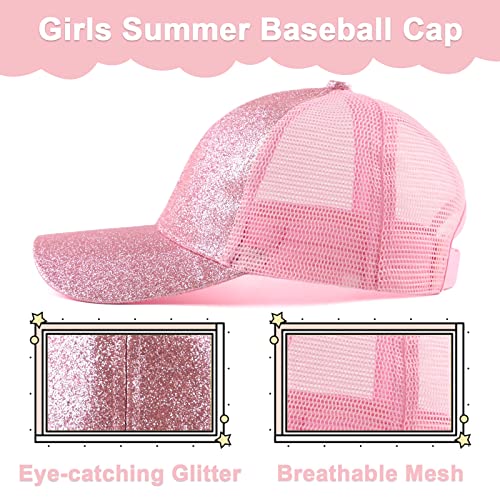 Zsedrut Girls Glitter Baseball Cap Kids Adjustable Ponytail Hat Toddler Summer Mesh Trucker Hats - color: Pink