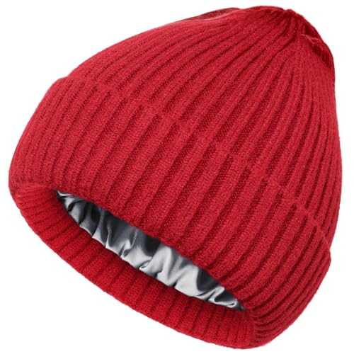 Satin Lined Wool Acrylic Blend Beanie Hat Women Men, Winter Knit Cap - color: Red