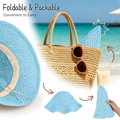 Sun Hat for Women Summer Straw Beach Hats Bucket Hat Floppy Crochet Hat - color: Blue