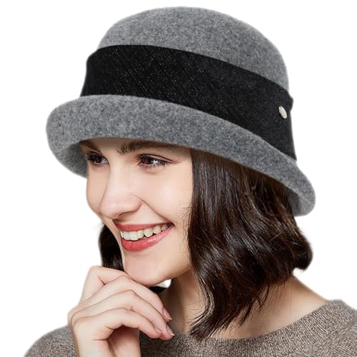 Women Vintage Cloche Bucket Hat Elegant 1920s Wool Fedora Church Derby Party Winter Packable Hats - color: Grey