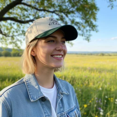 Embroidered Baseball Cap, Cotton Dad Hat, Fun & Heartfelt Stitching, Adjustable Casual Outdoor Hat for Men Women - color: Have a Day - Dark Green/Beige