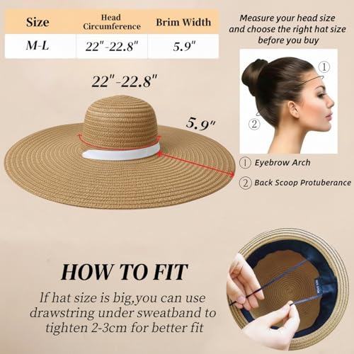 Oversized Beach Straw Hats for Women Floppy, Extra Large Sun Visor Hat Wide Brim Summer Roll Up Big Beach Hat Women Foldable - color: Diameter 50cm Khaki-2