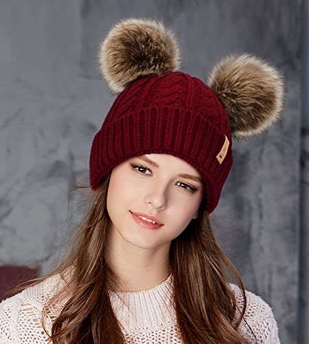 Arctic Paw Pom Pom Beanie Cable Knit Fleece Lined Winter Beanie Women Hat - color: Burgundy Hat Coffee Ball