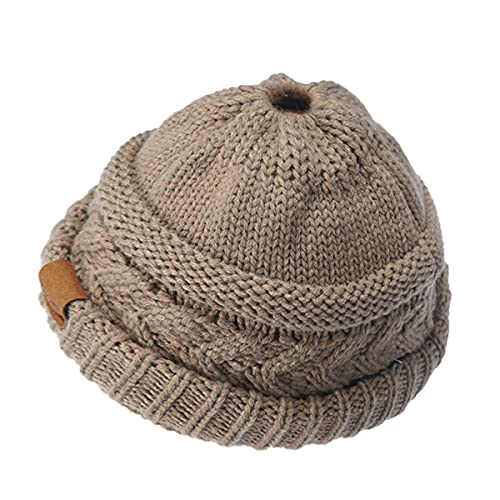 Rosoz 2 Pack Ponytail Beanie for Women,Winter Warm Beanie Tail Soft Stretch Cable Knit Messy High Bun Hat - color: 1pack-khaki