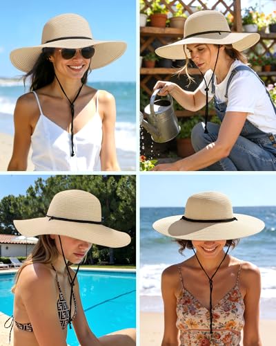 Sun Hats for Women, Summer Wide Brim Straw Beach Hat - color: Beige Khaki, size: X-Large