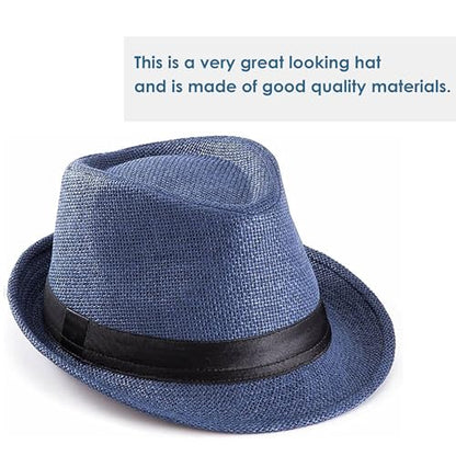 Straw Fedora Hat for Men Panama Hat Short Brim Summer Sun Hat - color: Black Belt-navy