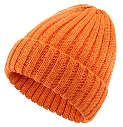 Connectyle Women's Rib Knit Cuffed Beanie Hat Stretch Acrylic Winter Hat Thick Warm Snow Ski Cap - color: Orange