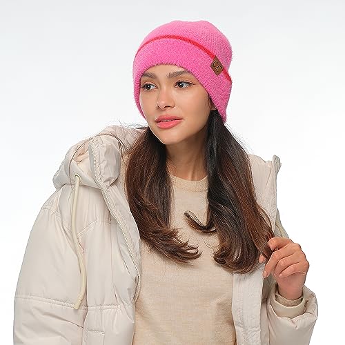 C.C Fuzzy Beanie for Women Unisex - Acrylic Stretchable Soft Warm Knit Winter Skully Hat - color: Feather Yarn-hot Pink