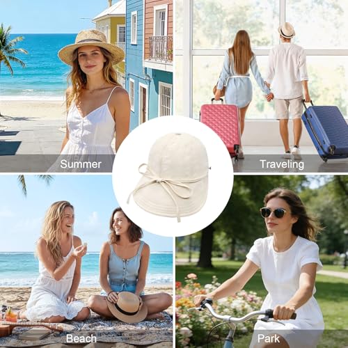 YAMEIZE Womens Bucket Sun Hat Packable Wide Brim Ponytail Beach Hat with Windproof Strap Sun Protection UPF50+ - color: Beige