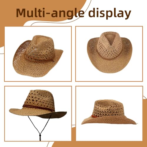 Women/Men Straw Cowboy Hat Wide Brim Sun Beach Cowgirl Hat Summer Western Cowboy for Travel Outdoor Family - color: Khaki