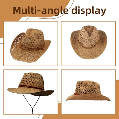 Women/Men Straw Cowboy Hat Wide Brim Sun Beach Cowgirl Hat Summer Western Cowboy for Travel Outdoor Family - color: Khaki