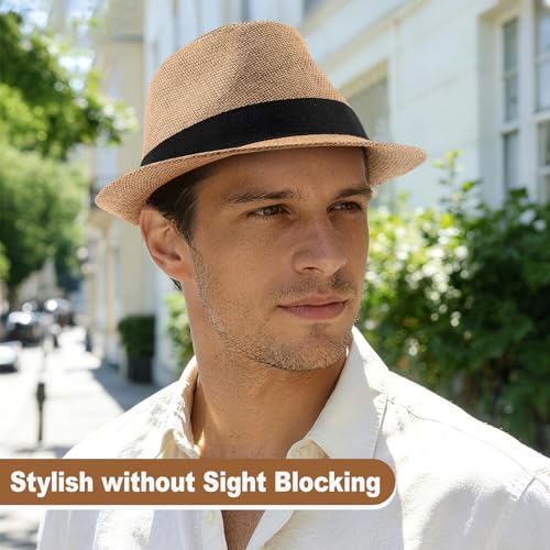 Straw Fedora Hats for Men Women, 1920s Short Brim Trilby Panama Hat Summer Beach Sun Cap - color: Khaki