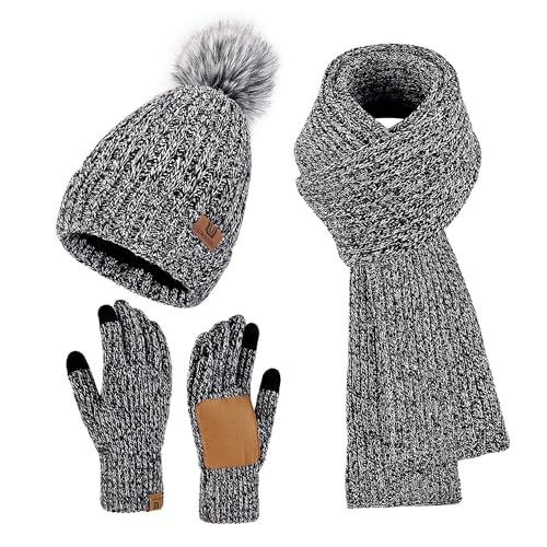 Uerymit Womens Winter Beanie Hat Scarf Gloves Set Warm Knit Beanie with Pom Pom Long Scarf Touchscreen Gloves 3 in 1 Set - color: Grey
