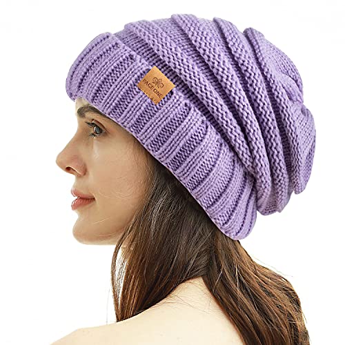 Womens Winter Beanie Warm Knit Hat Cable Stretch Trendy Ribbed Chunky Cap - color: Purple