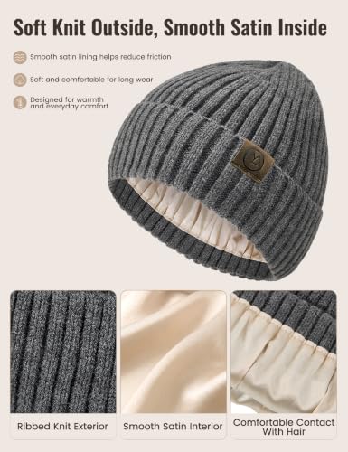 Durio Unisex Silk Lined Beanie Double Layered Winter Hats - color: Dark Gray