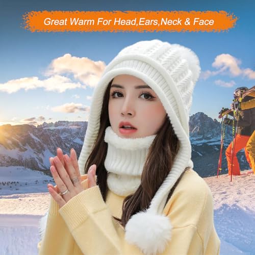 HUAMULAN Women Winter Knit Beanie Hat Circle Scarf Set Pompoms Ear Flaps - color: White Solid