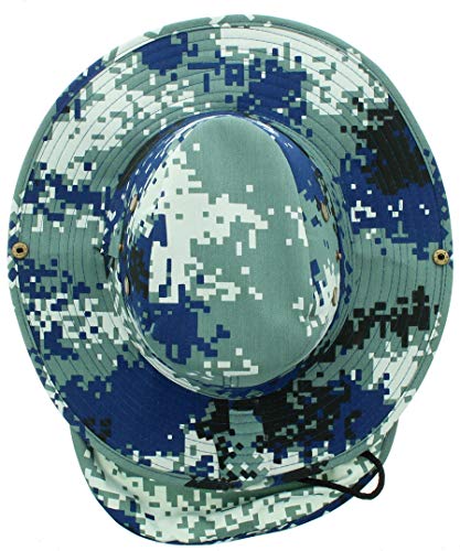 Wide Brim Outdoor Safari Summer Sun Hat with Neck Flap - color: Blue Digital Camo, size: Medium