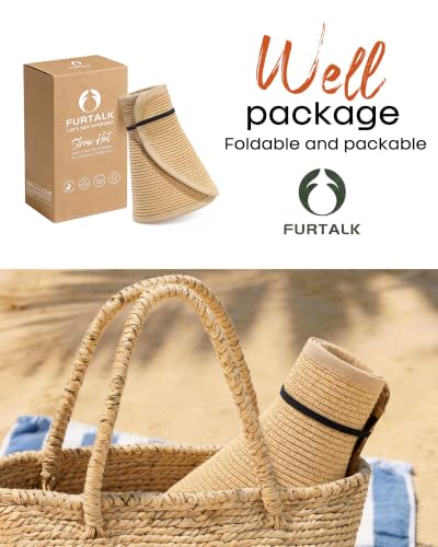 FURTALK Womens Sun Hat with Ponytail Hole Wide Brim Beach Straw Visor - color: Khaki