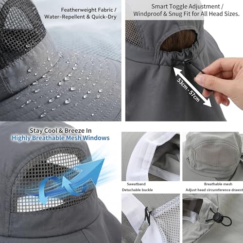 UV Sun Protection Hat Women Foldable Neck Flap Wide Brim Fishing Hat with Ponytail Hole for Women - color: Light-gray