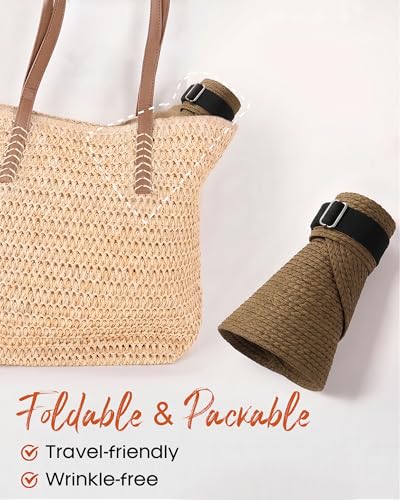 FURTALK Sun Visors for Women Straw Summer Hat Packable Wide Brim Beach Cap - color: Brown