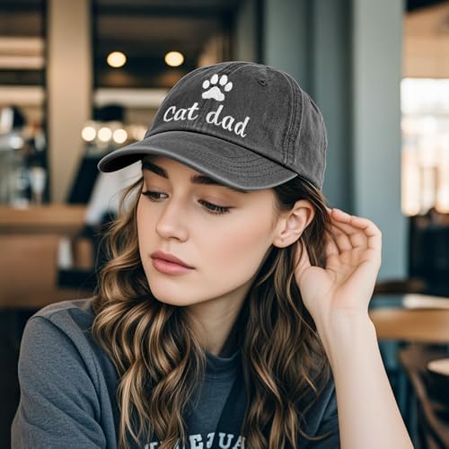 Embroidery Adjustable Classic Washed Distressed Baseball Hats, Funny Hats for Men Cat Dog Dad Fishing Father - color: Washed Black003