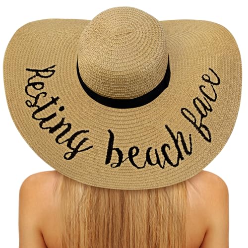 Sun Beach Straw Hats for Women, Summer Wide Brim Hat - color: Khaki(resting Beach Face), size: Large