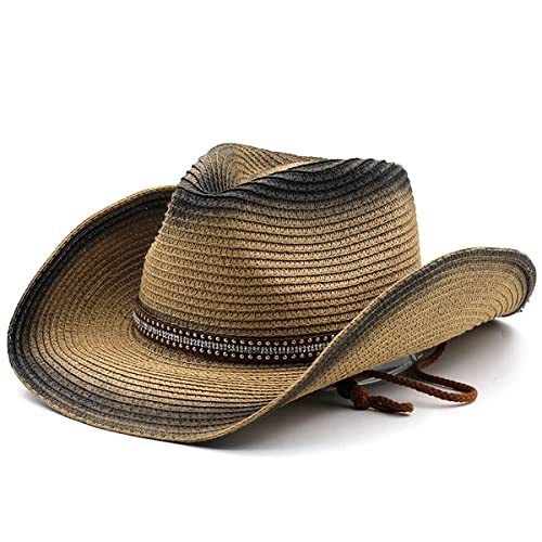 Men Straw Cowboy Hat Women Cowgirl Fedora Wide Brim Beach Sun Hat - color: Khaki & Black