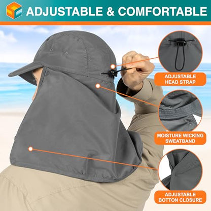 SUN CUBE Fishing Sun Hat with Neck Flap & Face Cover, Wide Brim UPF50+ Cap - color: Grey