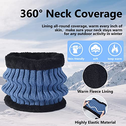 3 Pcs Women Winter Knit Beanie Hat Scarf Touchscreen Gloves Set Warm Soft Thick Fleece Lined Skull Cap with Double Pom Pom - color: Blue