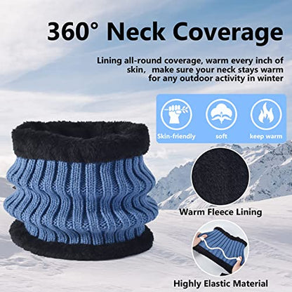 3 Pcs Women Winter Knit Beanie Hat Scarf Touchscreen Gloves Set Warm Soft Thick Fleece Lined Skull Cap with Double Pom Pom - color: Blue