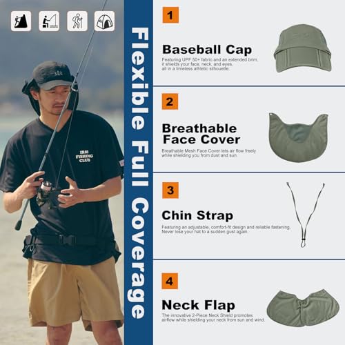 Surblue Baseball Sun Cap with Removable Neck Flap and Face Mask UPF 50+ - color: B-army Green, size: Small