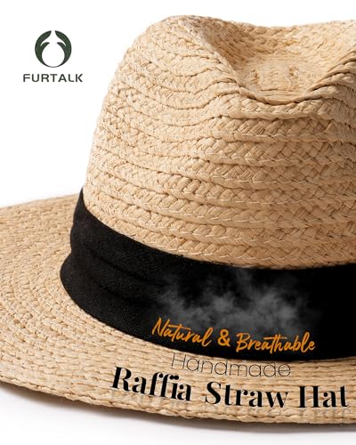 FURTALK Raffia Straw Sun Hat Wide Brim Fedora Panama Hat for Women Men - size: Medium-Large