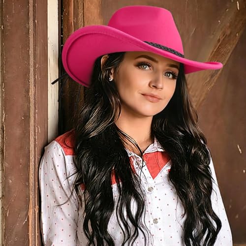 DRESHOW Western Cowboy Hat for Men Women Cowboy Cowgirl Hat Outdoor Wide Brim Retro Felt Fedora Hats Unisex Rolled up Caps - color: 1 Pack Style 9: Hot Pink With Braided Band